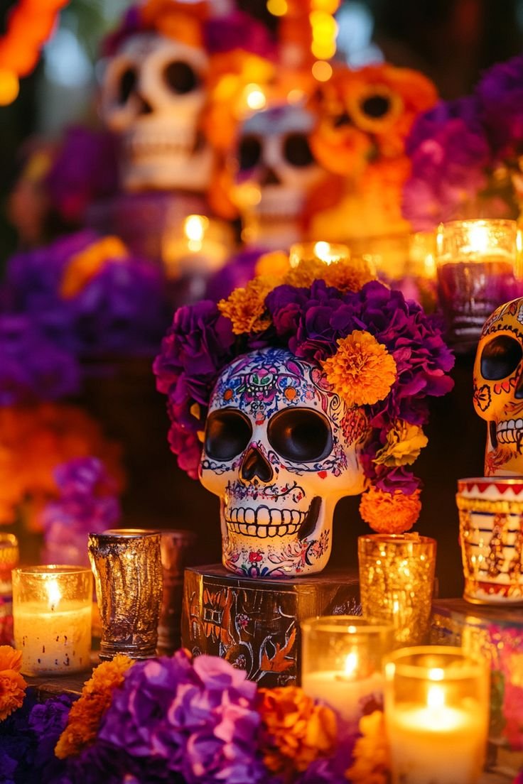 Ofrenda de Día de Muertos con flores de cempasúchil, velas y fotos